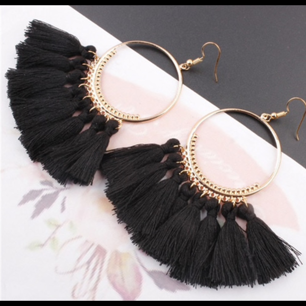 Gold hoop earrings w/ black tassels